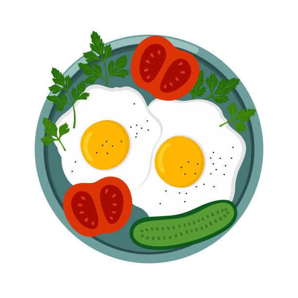 炒鸡蛋配蔬菜和香草，放在白色背景的盘子里。图片下载