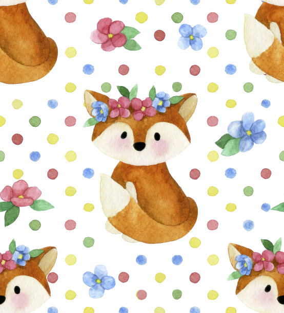 水彩无缝模式。和可爱的小动物。鸡油菌，白色背景上有花和彩色圆点图片下载