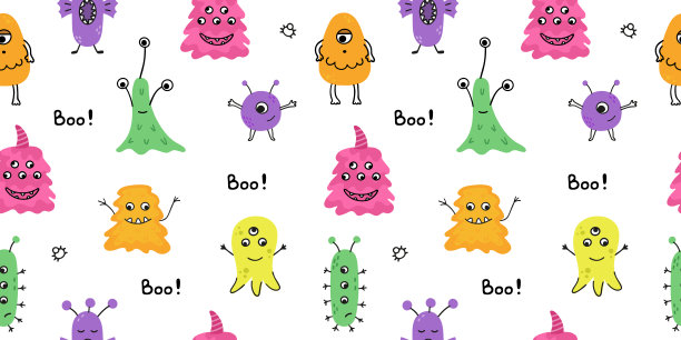 矢量无缝模式与欢快的怪物。万圣节快乐。矢量插画设计时装面料，纺织图形，印花，包装纸图片下载