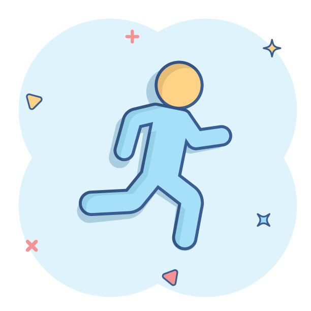 跑步的人在漫画风格签署图标。运行剪影矢量卡通插图白色孤立的背景。运动慢跑的商业理念飞溅效果。图片下载