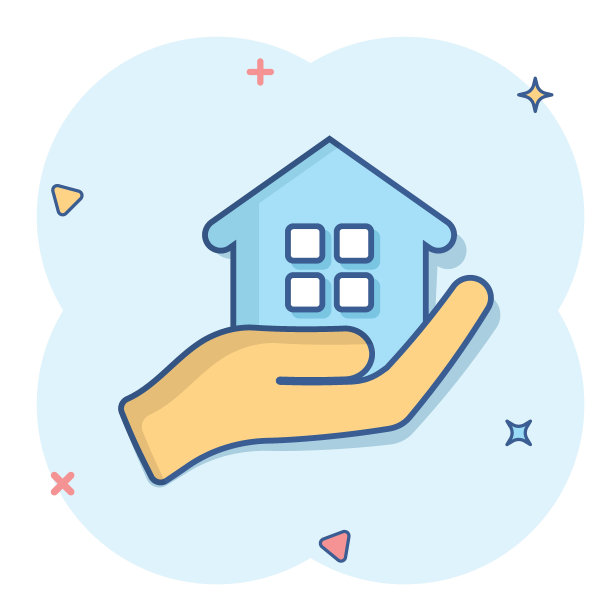 漫画风格的家居护理图标。手持房屋矢量卡通插图白色孤立的背景。建设优质企业理念的飞溅效应。图片下载