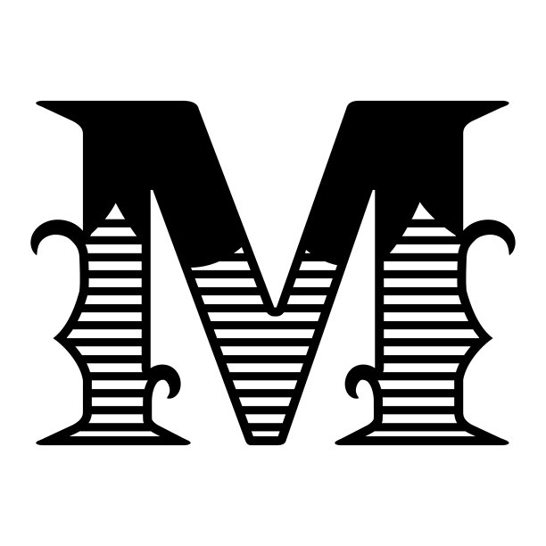 字母M标志。字母的黑色轮廓与漩涡和阴影。印刷、切割用轮廓图。胸牌，家族字母，名片装饰，邀请函，签名。向量图片下载