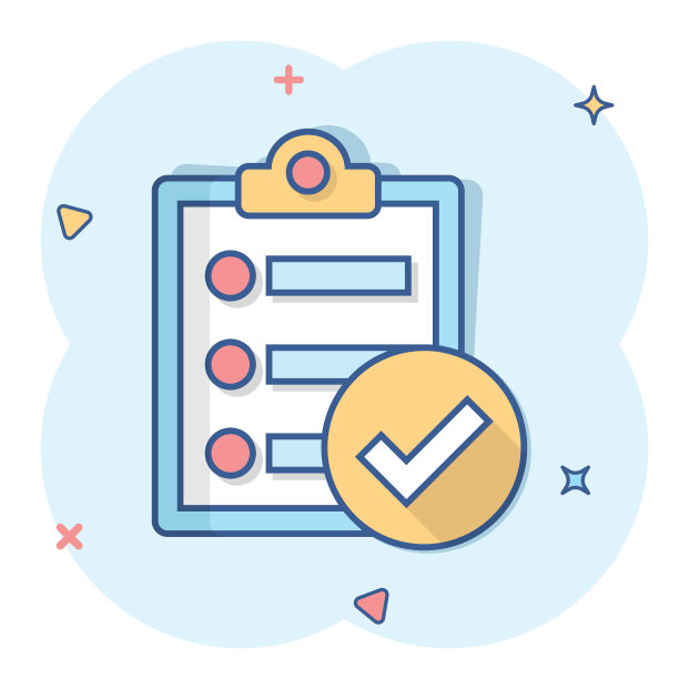 清单文件签名图标的漫画风格。调查矢量卡通插图在白色孤立的背景。检查标志横幅商业概念飞溅效果。图片下载