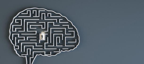 Ai和创意的想法概念与商人在打开的门前面的光在迷宫形式的人脑空白灰色的墙背景与空间为您的标志或文字，模拟图片下载