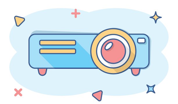 视频投影仪标志图标的漫画风格。电影放映装置在白色孤立背景上的矢量卡通插图。会议商业理念溅射效应。图片下载