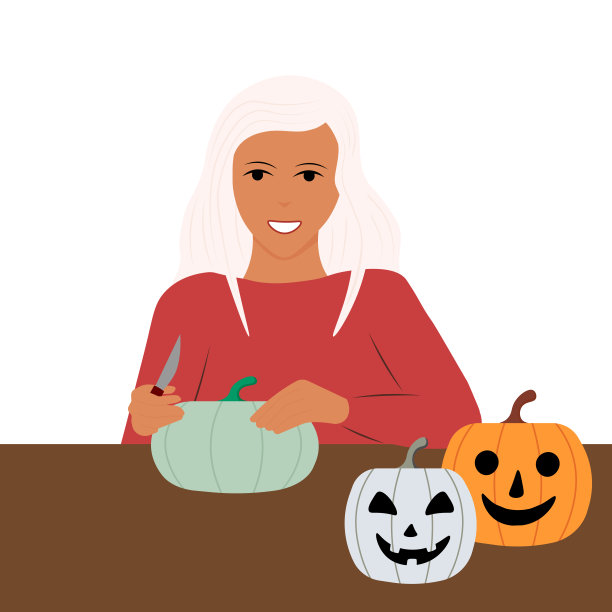 这个女孩用南瓜雕刻了一个灯笼。为万圣节做准备图片下载