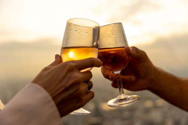 白种夫妇在夏季日落时在豪华屋顶酒吧庆祝节日活动图片下载