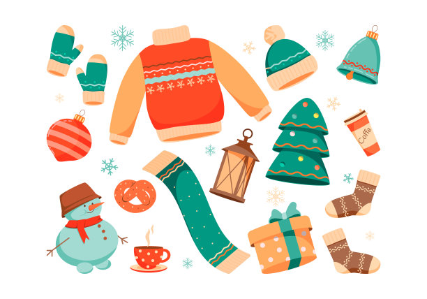 圣诞套装，可爱的季节元素，扁平风格的插画。收集冬季剪贴簿的元素。图片下载