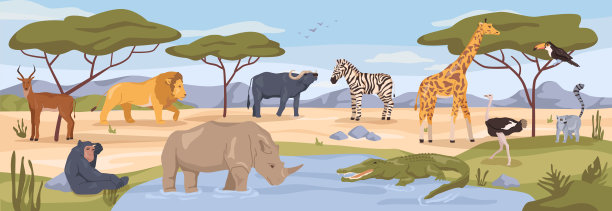 非洲野生动物园，动物园或动物园，非洲大草原动物的自然保护区。狮子和斑马，水牛和长颈鹿。平面漫画，矢量插图图片下载