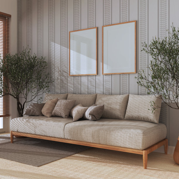 日式客厅与框架模型在米色调。织物沙发，枕头，盆栽橄榄树。农舍室内设计图片下载