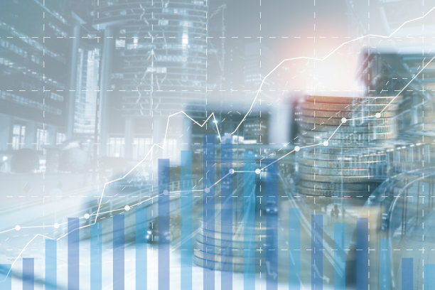 银行理财投资理念。以城市为背景的增长企业的双重曝光图像。货币增长市场统计与全球外汇。外汇支付银行全球投资。图片下载