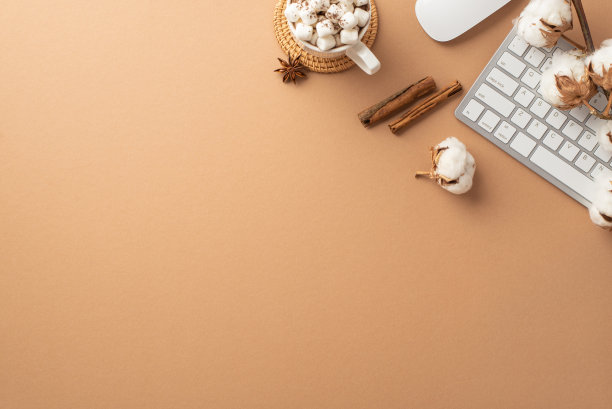 冬天的概念。俯视图照片的键盘电脑鼠标杯可可棉花糖棉花枝肉桂棒和八角孤立的米色背景与空白图片下载