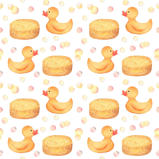 小鸭子，海绵和肥皂泡-无缝模式与手绘水彩元素图片下载