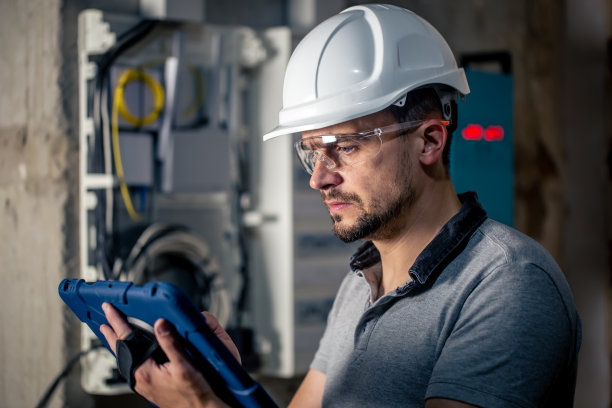 一个在配电盘工作的电气技师，用的是平板电脑。图片下载