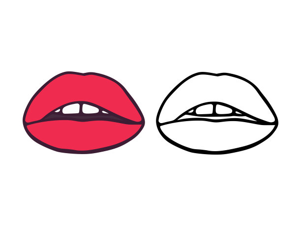 嘴或嘴唇与牙齿卡通和轮廓风格隔离在白色背景图片下载