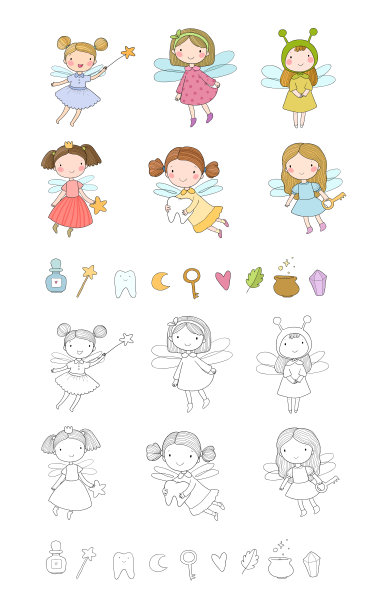 可爱的卡通小仙女。精灵们。儿童插图。牙仙子。涂色书的插图。单色和彩色版本。图片下载