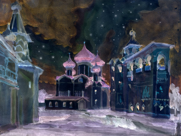 俄罗斯苏兹达尔镇传统古建筑修道院的水彩画圣诞夜景观图片下载