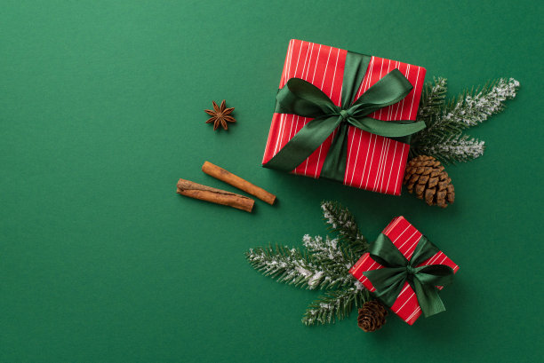 新年的概念。顶视图照片红色礼物盒与绿色丝带蝴蝶结松果肉桂棒茴香和杉木枝在孤立的绿色背景上的雪图片下载