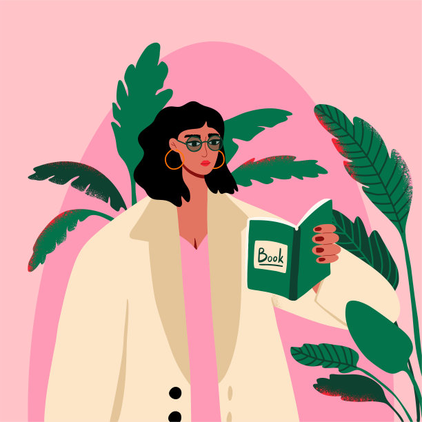 戴眼镜的女孩站着看书。年轻女性。读书的概念。家养花园，有怪兽和热带植物。时髦的手绘矢量插图。图片下载