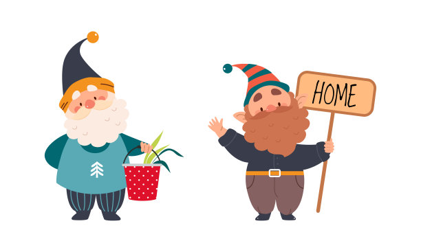 一套花园侏儒。小矮人抱着木桶和招牌，可爱的童话人物卡通矢量插画卡通图片下载