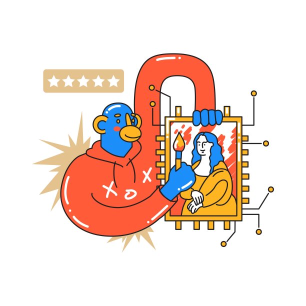 猴子在网上画了一幅画。虚拟艺术，非ft，加密投资。投资，创业，寻找新的成功的商业理念。矢量插图中的卡通风格。孤立的对象。图片下载