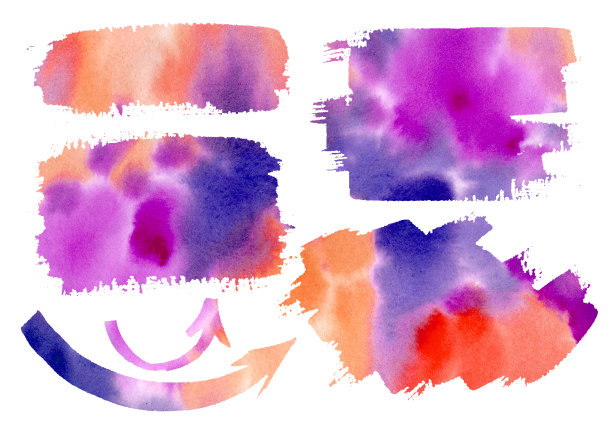 水彩箭写意画。设置橙色，红色，紫色水彩箭头，框架，元素。信息图表、目录的背景。图片下载