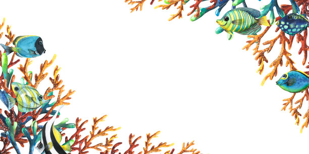 色彩鲜艳热带鱼的珊瑚礁水彩插画图片下载