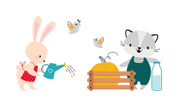可爱的动物在农场工作。可爱的兔子和浣熊浇水和收获蔬菜卡通矢量插画图片下载
