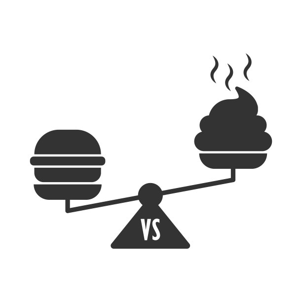 用汉堡和屎秤秤。汉堡和大便。营养不良的概念。平面向量插图。图片下载