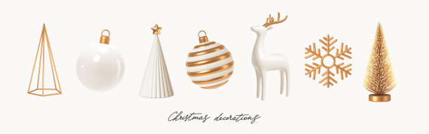 一套白色和金色的现实圣诞装饰。3d渲染矢量插图。设计贺卡或邀请的元素。图片下载