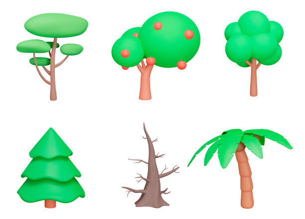 树3 d组。各种形状的树。种有苹果、云杉、棕榈树等的树。矢量插图。孤立的图标，透明背景上的对象图片下载