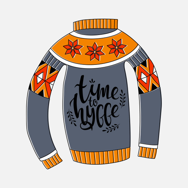 一件毛衣的原始草图，上面手写着“hygge时间到了”。白色背景上的孤立物体图片下载