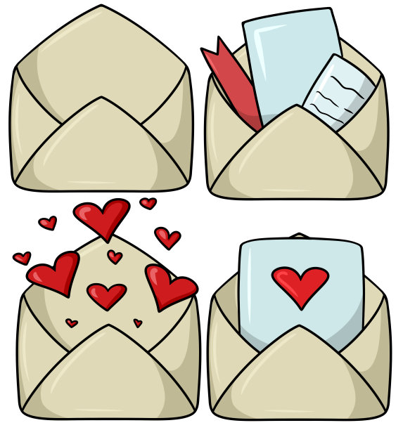 一套卡通风格的浪漫信封，漂亮可爱的信封上有爱心和爱的宣言图片下载