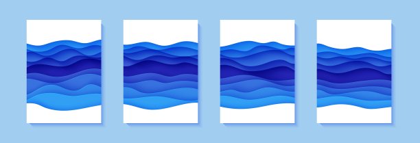 一套剪纸风格的蓝色波浪传单。为环保或世界水日收集三幅剪纸艺术空横幅。6月8日拯救海洋日矢量广告海报模板。图片下载