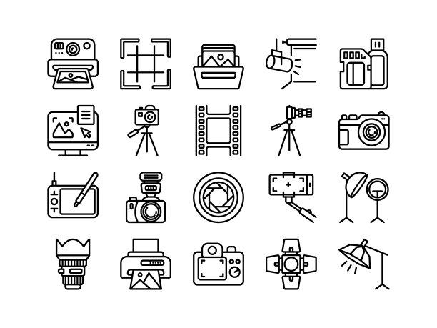 照片的相机图标。线摄影象形图。用照相机勾勒肖像工作室的摄影设备。电影帧。有问题的象征。镜头和专业聚光灯。矢量信号设置图片下载