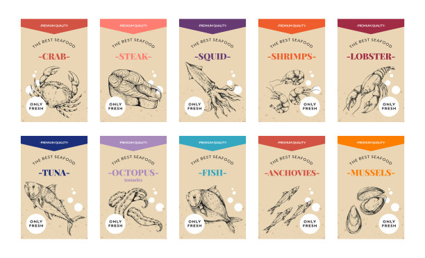海鲜标签。草图的食物。海洋龙虾。复古的虾。鲭鱼和鱿鱼的徽章设计。大马哈鱼鱼排。雕刻包装贴纸套装。背景矢量图图片下载