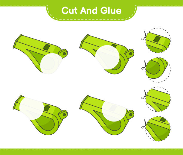 切割和胶水，切割哨和胶水的部分。教育儿童游戏，可打印的工作表，矢量插图图片下载