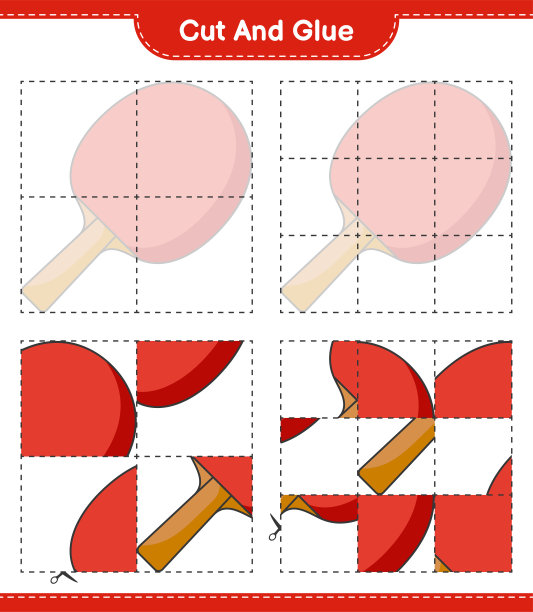 切割和胶水，切割部分乒乓球拍和胶水他们。教育儿童游戏，可打印的工作表，矢量插图图片下载
