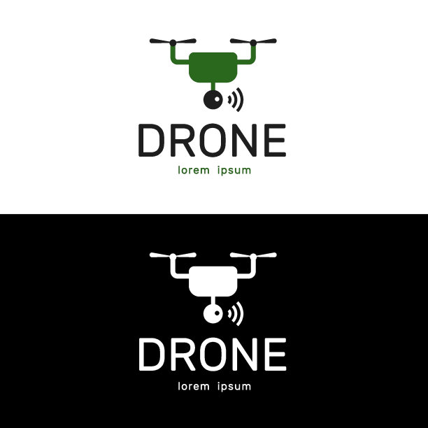 无人机标识为农业，平面设计标识模板，矢量插图。一套无人机标志孤立在白色和黑色的背景图片下载