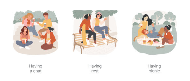 在公园里闲逛孤立的卡通矢量插图集。图片下载