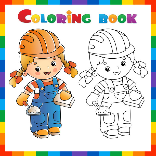 着色页大纲卡通建设者或工人女孩与水泥砂浆和泥铲。的职业。儿童填色书。图片下载