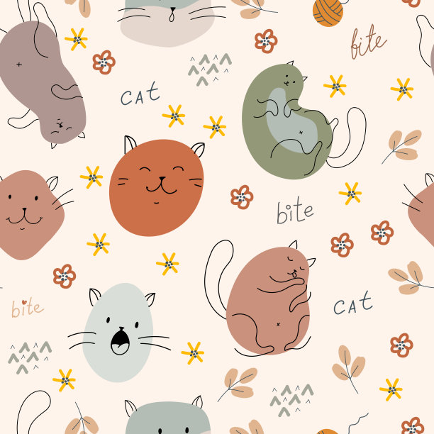 猫的图案，爪印和纱线球。用柔和的颜色打印有趣的动物。宠物。手工绘图。无缝模式。矢量插图。图片下载