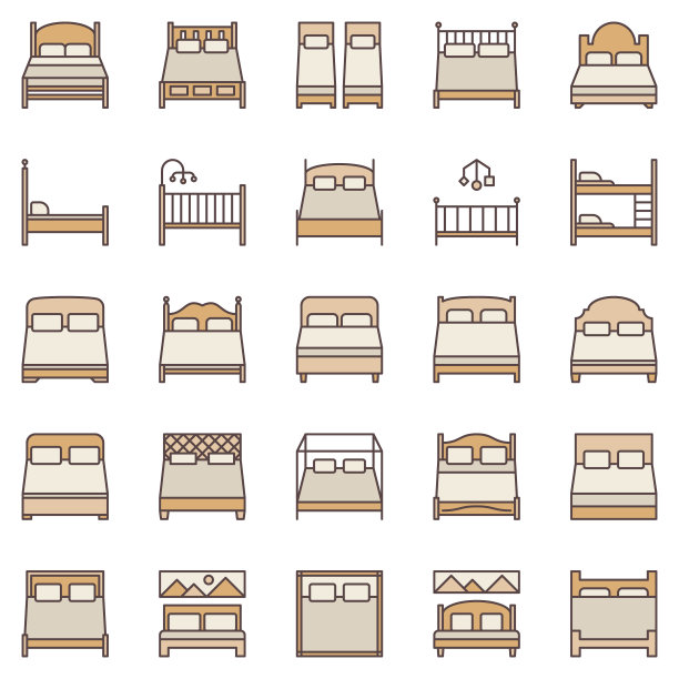 床上彩色的图标。矢量单人床和双人床符号图片下载