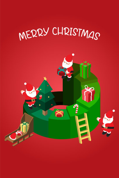 等距圣诞横幅模板与圣诞老人和圣诞礼盒图片下载