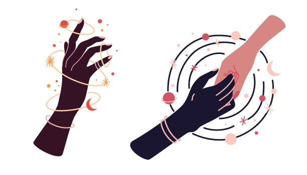 手上有天界神秘符号的魔法套装。精神波西米亚标志，设计元素有月亮，植物，太阳。女性手臂的黑色剪影孤立在白色上。矢量图图片下载