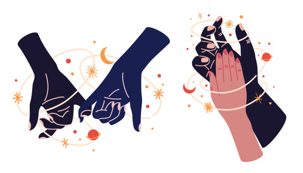 手上有天界神秘符号的魔法套装。精神波西米亚标志，设计元素有月亮，植物，太阳。女性手臂的黑色剪影孤立在白色上。矢量图图片下载