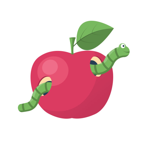 可爱的绿虫从苹果里钻出来。向量图片下载