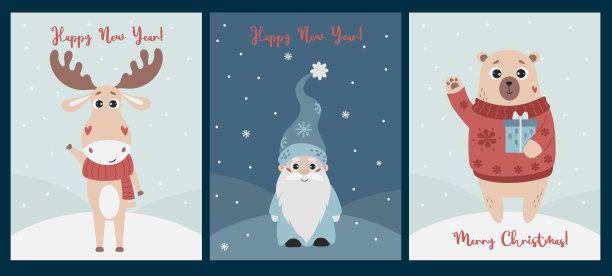 收集圣诞快乐和新年快乐的贺卡设计。与圣诞人物魔法侏儒，有趣的熊礼物和可爱的鹿。矢量插图垂直模板。图片下载