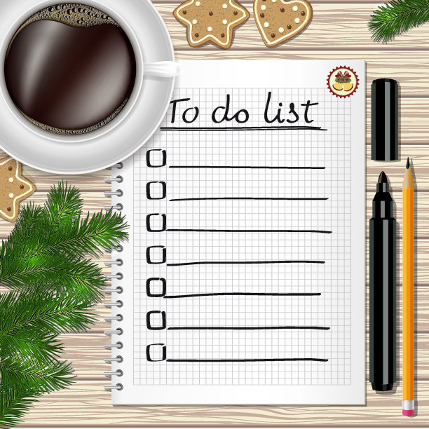 笔记本与要做的清单，杉树树枝，饼干，一支铅笔，一支马克笔，咖啡杯放在一个木制的桌子上。图片下载