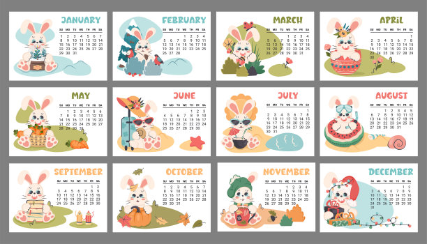 日历2023每个月。横向计划与可爱的兔子在不同的季节。卡通人物兔子作为新年的象征。一周从星期天开始。矢量平面插图图片下载